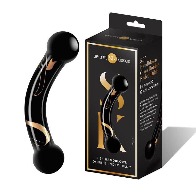 Secret kisses 5.5'' - glass handblown double ended dildo - Product front view and box side view | Flirtybay.com.au